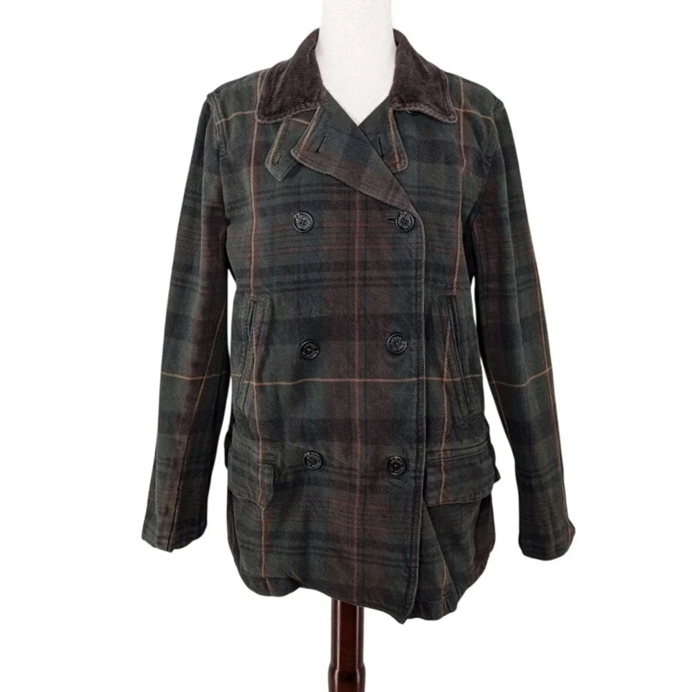 Lauren Ralph Lauren Plaid Barn Coat‎ Women's XL Green Brown Corduroy Collar